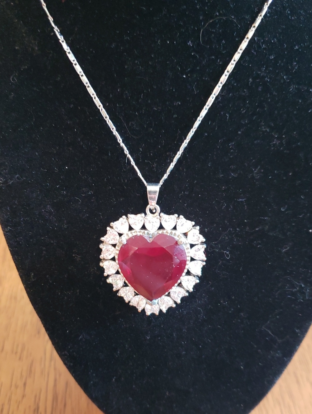 Oversized Heart-Shaped Deep Red Crystal Pendant Necklace - Silver Tone